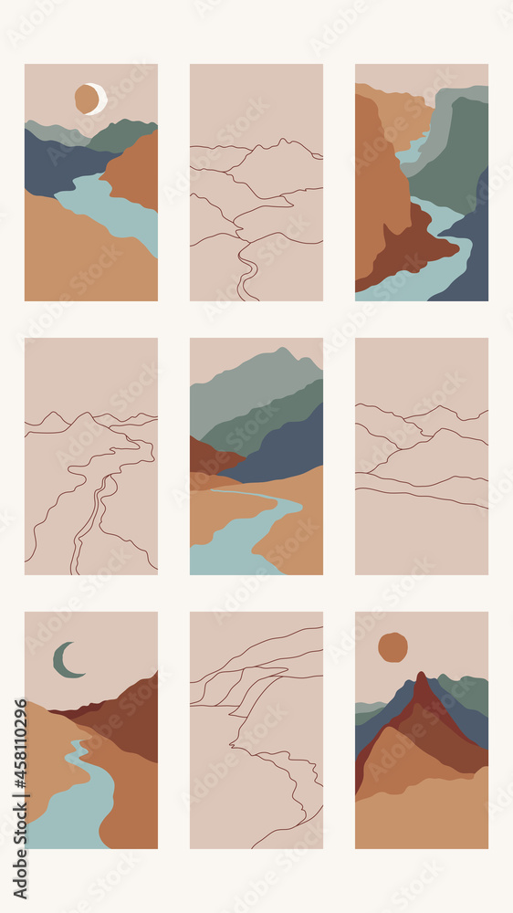 Set of nine beautiful vertical abstract minimal landscapes, backgrounds or card templates in modern colors, in popular art style Set of nine beautiful vertical abstract minimal landscapes, backgrounds or card templates in modern colors, in popular art style