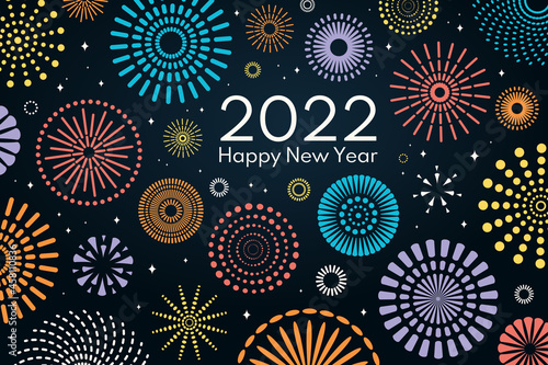 Colorful fireworks 2022 Happy New Year, bright on dark background, with text. Flat style vector illustration. Abstract geometric design. Concept for holiday greeting card, poster, banner, flyer.