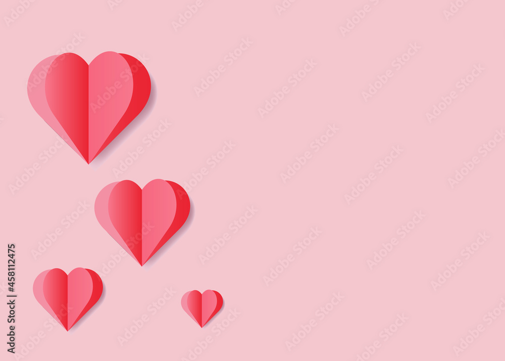 Pink paper elements in the shape of a heart on a pink background. Vector symbols of love for Happy Women, Mothers, Valentine's Day, Greeting card design. Cute cut out pink hearts