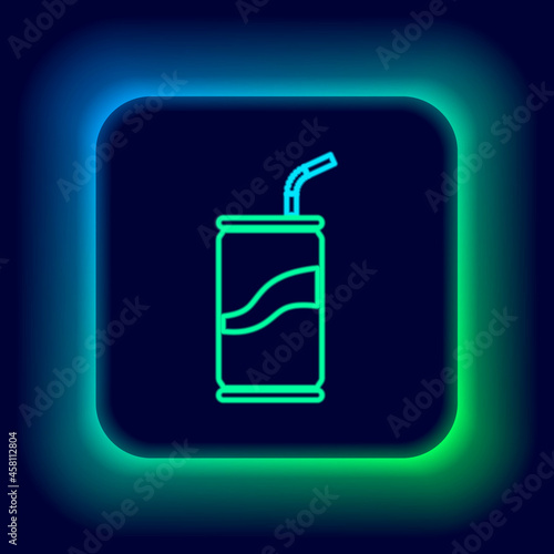 Glowing neon line Soda can with drinking straw icon isolated on black background. Colorful outline concept. Vector
