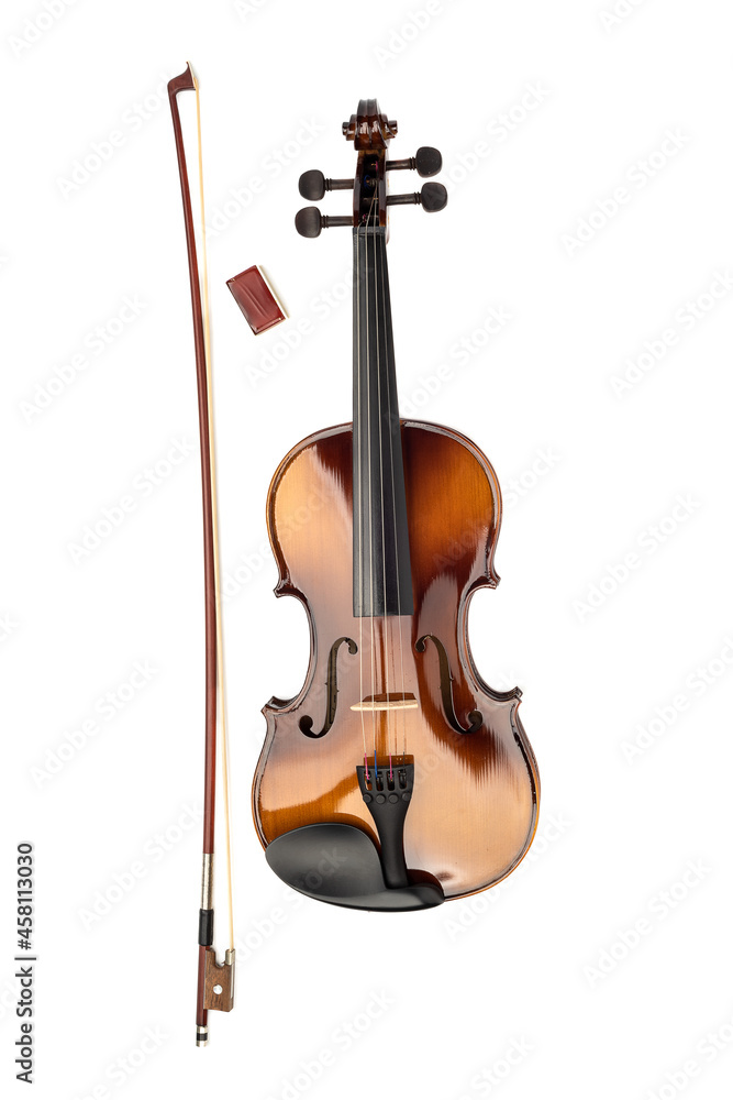 Fototapeta premium Top view of a violin, bow and rosin on a white background.