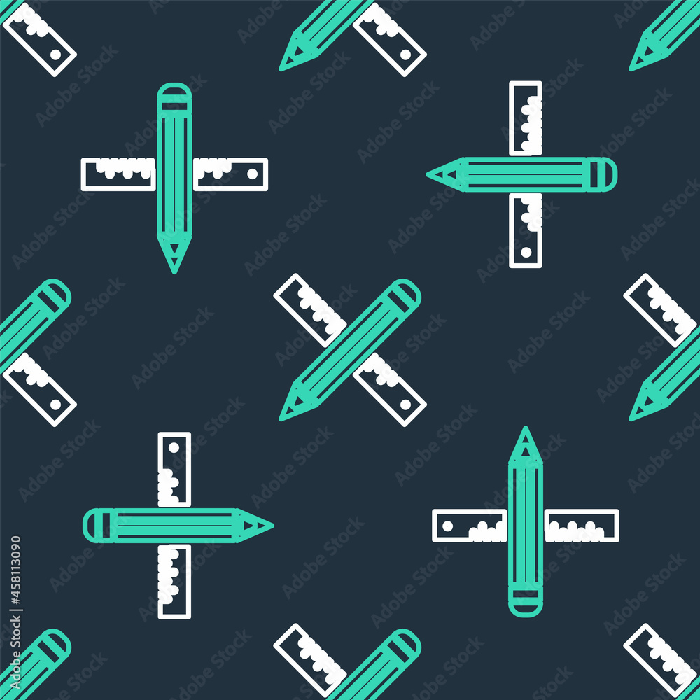 Line Crossed ruler and pencil icon isolated seamless pattern on black background. Straightedge symbol. Drawing and educational tools. Vector
