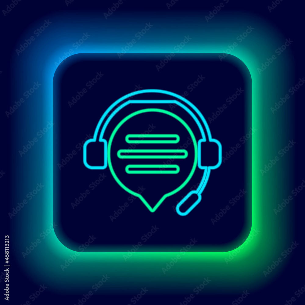 Glowing neon line Headphones with speech bubble chat icon isolated on black background. Support customer service, hotline, call center, faq, maintenance. Colorful outline concept. Vector Glowing neon line Headphones with speech bubble chat icon isolated on black background. Support customer service, hotline, call center, faq, maintenance. Colorful outline concept. Vector