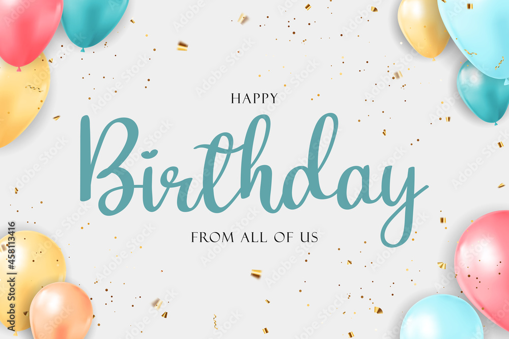 Happy Birthday congratulations banner design with Confetti, Balloons and Glossy Glitter Ribbon for Party Holiday Background. Vector Illustration - obrazy, fototapety, plakaty 