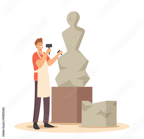 Talented Young Man Sculptor Working on Sculpture Making Figure of Stone or Marble. Craft Hobby and Creative Profession