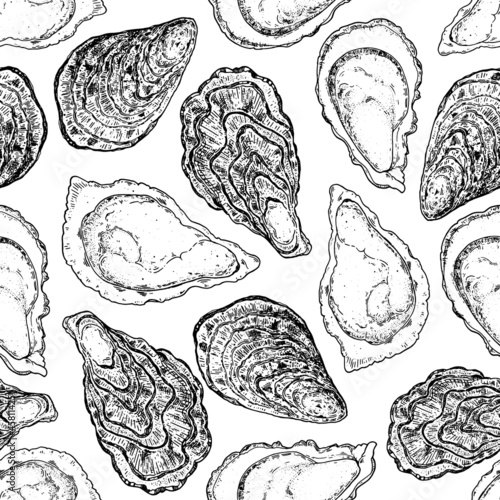 Oysters seamless pattern. Hand drawn vector illustration. Top view. Design template. Food menu background.