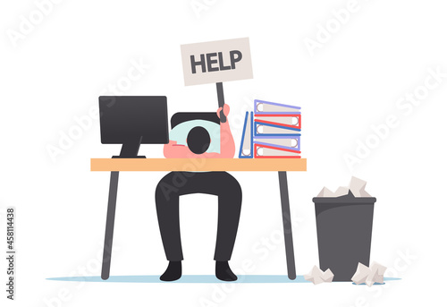 Professional Burnout, Tired Overload Businessman Lying on Office Desk with Help Flag in Hand and Heaps of Documents