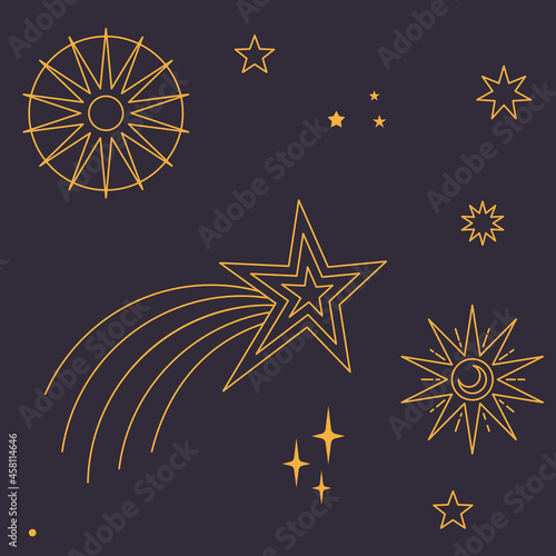 Astral elements vector design. Cosmic, celestial background. Stars, planets, sun, cosmos linear icons.