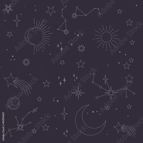 Stars, moons and constellations. Linear design astrology elements. Seamless pattern of celestial space background.