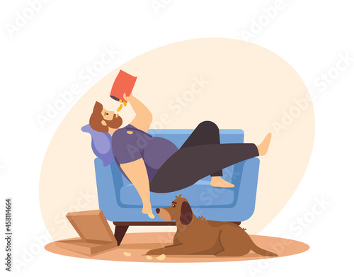 Physical Inactivity, Passive Lifestyle, Bad Habit. Sedentary Life Concept. Overweight Man Lying on Sofa Eating Chips