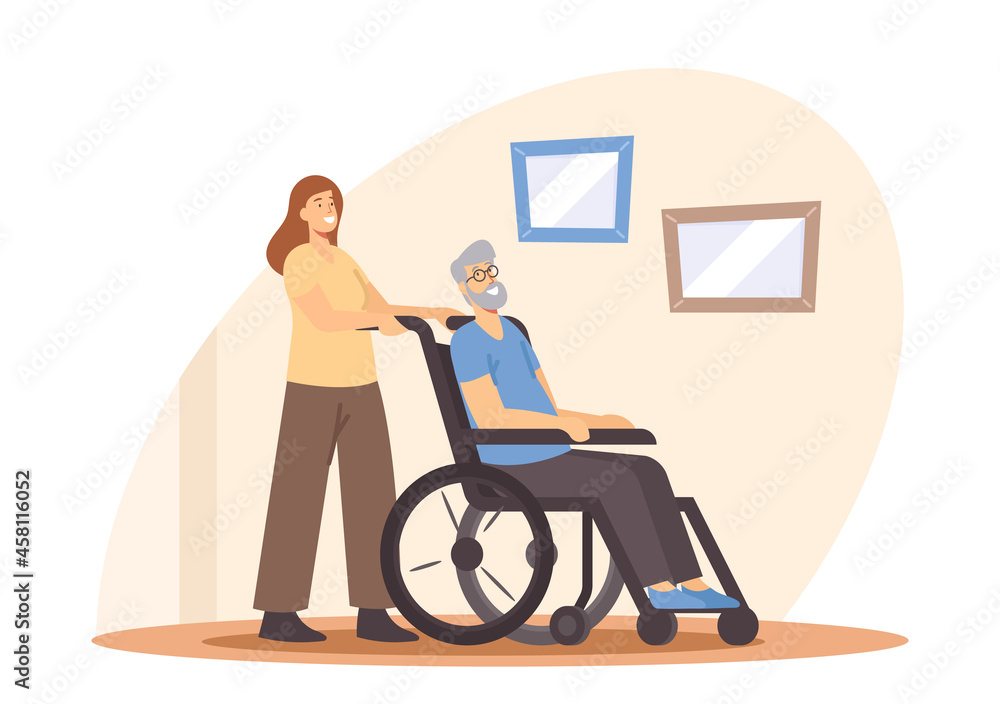 Young Woman Help to Old Disabled Man at Home or Nursing House. Social Worker Care of Sick Senior Driving on Wheelchair Young Woman Help to Old Disabled Man at Home or Nursing House. Social Worker Care of Sick Senior Driving on Wheelchair