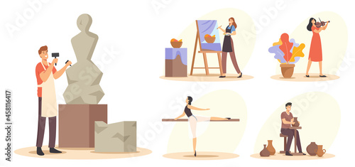 Set Creative Occupation Concept. Talented Male and Female Characters Working on Sculpture or Pottery, Painting Arts