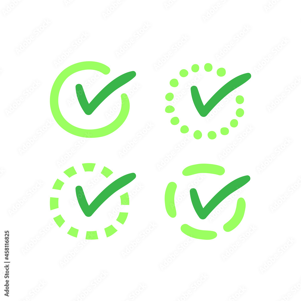 Set of green check marks in a circle with dashes, dots and lines. Vector illustration. Set of green check marks in a circle with dashes, dots and lines. Vector illustration.