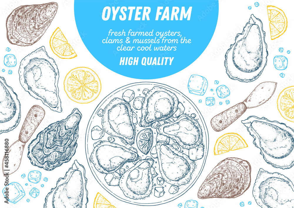 Oysters and oysters dish with lemon and ice sketch. Hand drawn vector illustration. Top view. Design template. Food menu. Oysters and oysters dish with lemon and ice sketch. Hand drawn vector illustration. Top view. Design template. Food menu.