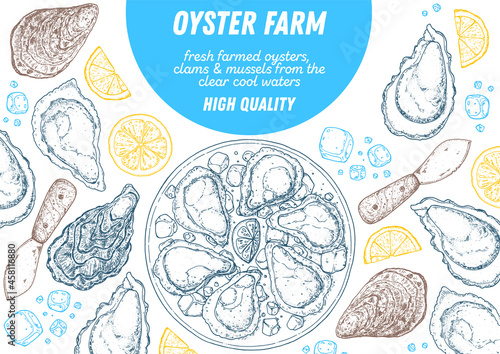 Oysters and oysters dish with lemon and ice sketch. Hand drawn vector illustration. Top view. Design template. Food menu.