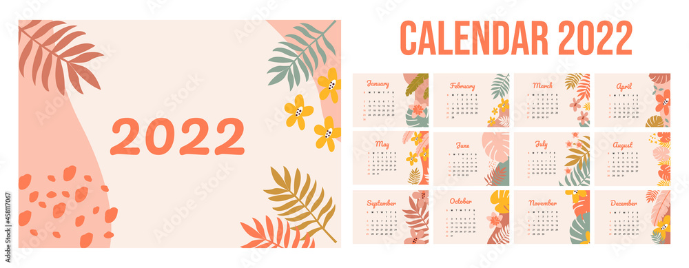 2022 calendar concept design with leaves and flowers. Abstract ilustration. Calendar template.Set of 12 months 2022 pages. Horizontal page