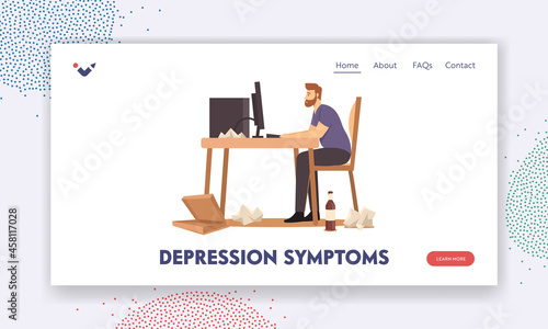Depression Symtoms Landing Page Template. Overweight Male Character Sitting at Desk Working on Computer