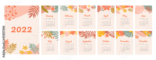 2022 calendar concept design with leaves and flowers. Abstract illustration. Calendar template.Set of 12 months 2022 pages. Vertical page