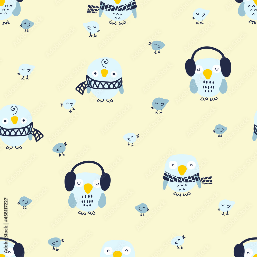 Cartoon style winter seamless pattern with owls and small birds. Perfect for T-shirt, textile and prints. Hand drawn vector illustration for decor and design.
Cartoon style winter seamless pattern with owls and small birds. Perfect for T-shirt, textile and prints. Hand drawn vector illustration for decor and design.