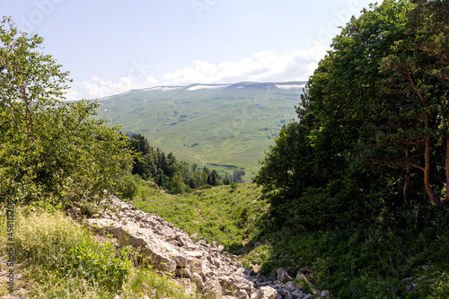 Areas of mountainous terrain, summer, walking through subalpine meadows on a sunny day,impassable places for tourism.