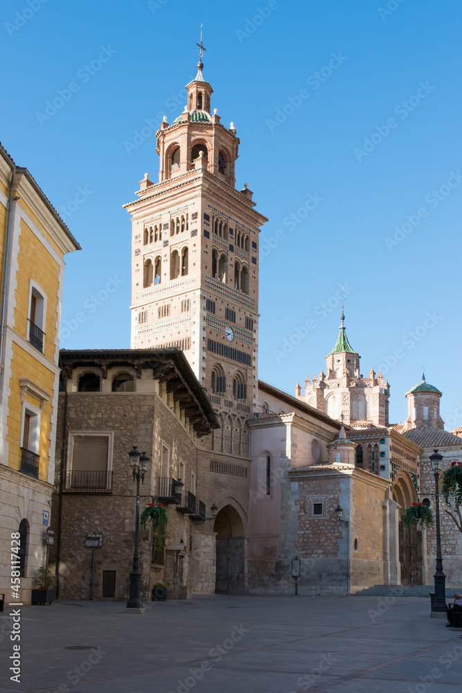 Beautiful mudejar tower. No people, sunny day. Square at Teruel, Spain. Europe