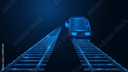 A train traveling on rails. A two-way railway track. A low-poly construction of interconnected lines and points. Blue background.