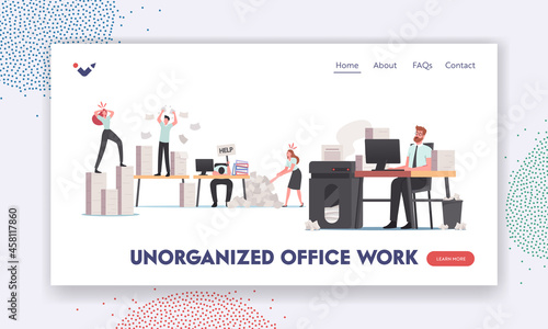 Unorganized Office Work Landing Page Template. Stressed People in Paper Garbage, Busy Employees Characters Deadline