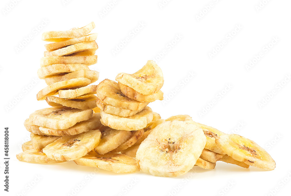 Dried banana slices isolated on a white background. Pile of banana chips.