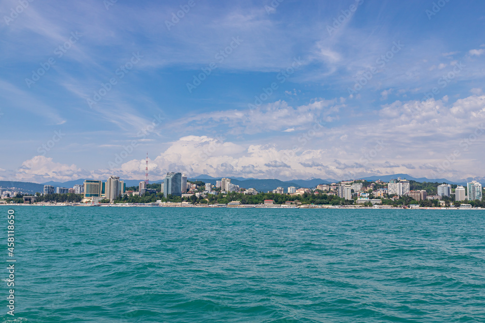 Fototapeta premium Sochi city coast panorama at summer. View from yacht. Black sea, Russia.