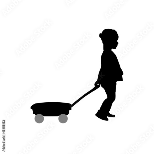 silhouette of cute toddler pulling cart, kid playing, side view, vector isolated on white background, icon, realistic outline