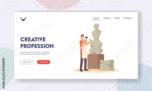 Creative Profession Landing Page Template. Man Sculptor Working on Sculpture Make Figure of Stone or Marble. Craft Hobby