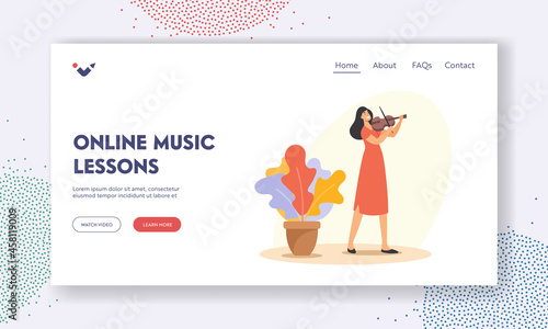 Online Music Lessons Landing Page Template. Creative Occupation, Instrumental Live Entertainment. Musician with Violin