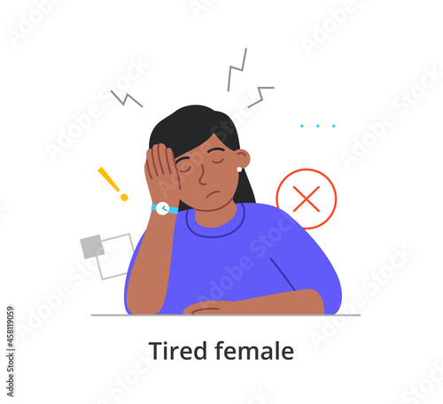 Tired female character is sitting at work with eyes closed on white background. Concept of people tired in their daily work life with sleep deprivation. Flat cartoon vector illustration