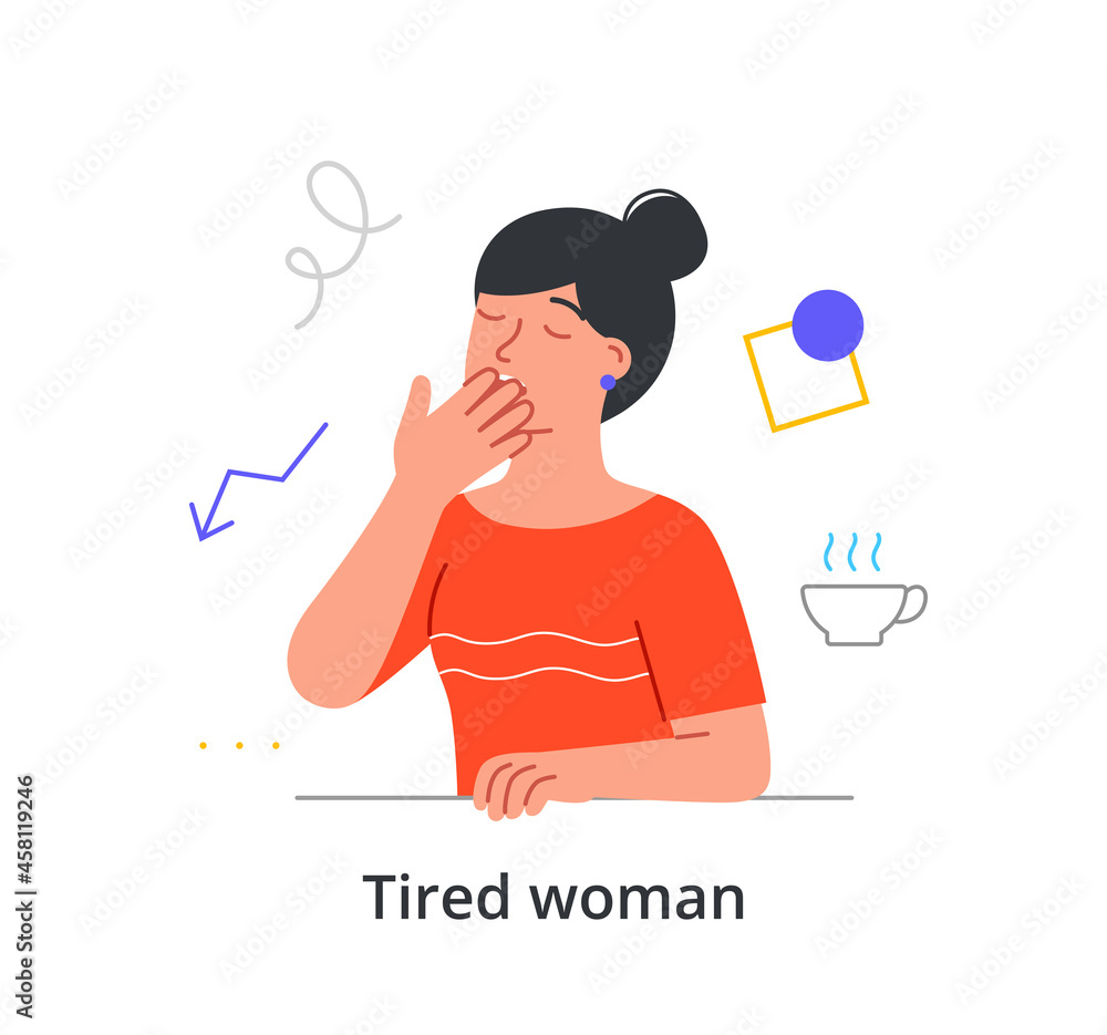 Exhausted female character is yawing at work and craving a cup of coffee to stay awake on white background. People getting tired in daily work life with fatigue. Flat cartoon vector illustration