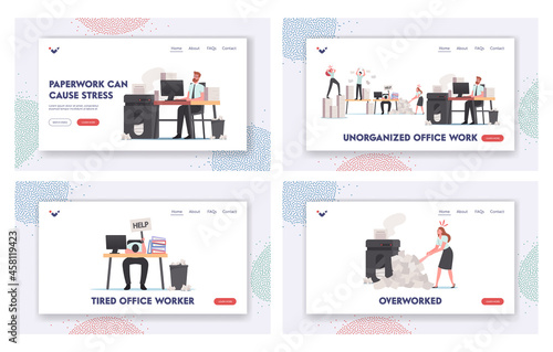 Stressed Office Work Landing Page Template Set. Unorganized People in Paper Garbage, Busy Employee Characters Deadline