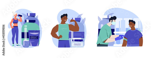 Set of scenes with male and female characters using sport drugs on white background. Concept of sports nutrition, steroids, protein cocktail, muscle mass. Flat cartoon vector illustration