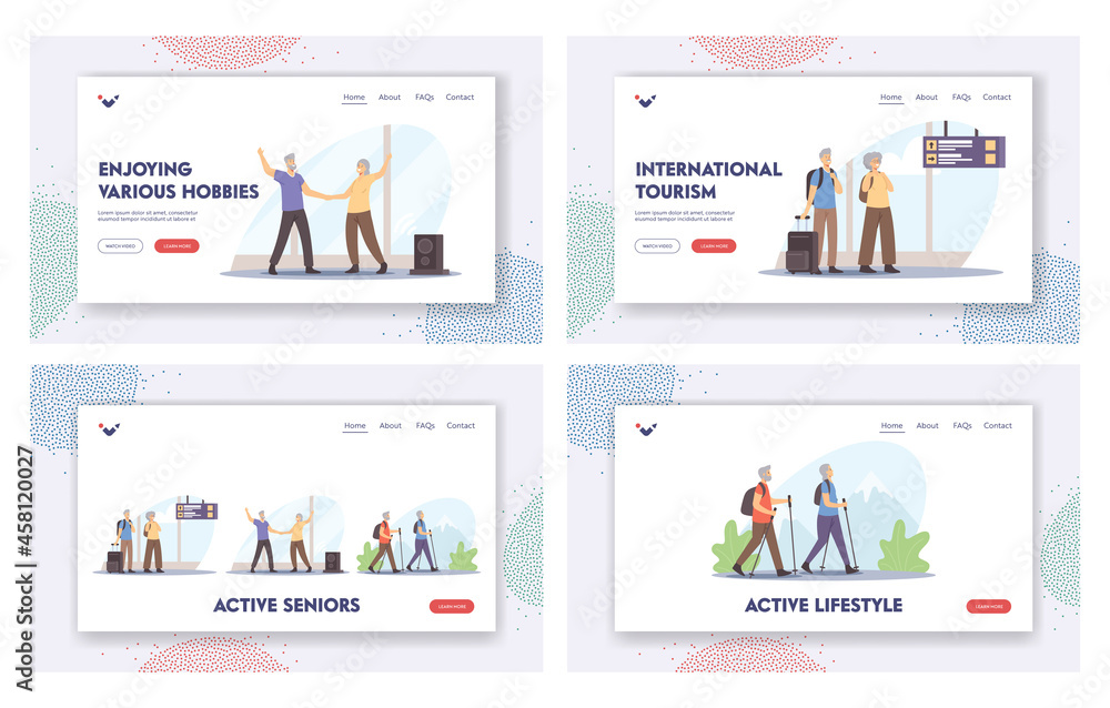 Active Seniors Landing Page Template Set. Old People Travel, Dancing and Walking with Scandinavian Sticks Activity