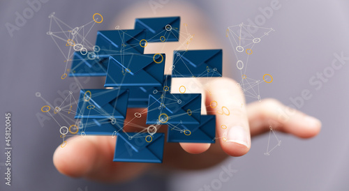  touching 3D rendering flying email icon with his fin
