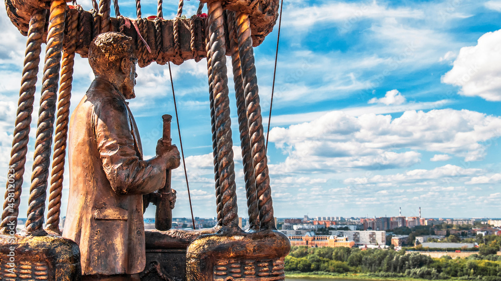 Monument to Jules Verne and the Balloon in Nizhny Novgorod, Russia on the bank of the Oka