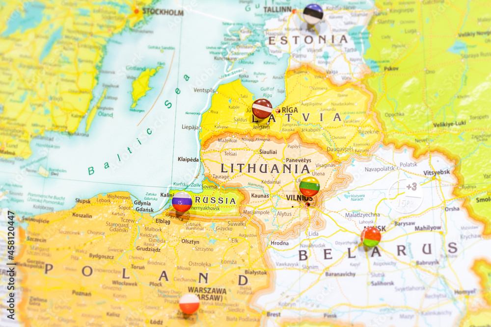 Close-up view of Baltic States on a geographical globe, Map shows capitals countries Latvia -Riga, Lithuania - Vilnus, Estonia -Tallin Poland -Krakow and Kaliningrad region of Russia and their flags