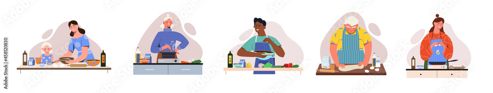 Cute set with male and female characters cooking different dishes on white background. Concept of scenes with different people cooking together at cooking contest. Flat cartoon vector illustration