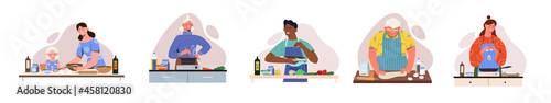 Cute set with male and female characters cooking different dishes on white background. Concept of scenes with different people cooking together at cooking contest. Flat cartoon vector illustration