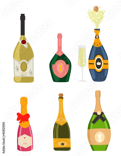 Set with different colorful bottles of champagne isolated on white background. Different shapes and colors of bottles. Prosecco, Rose, Brut Sparkling wines. Hand drawn Vector Illustration