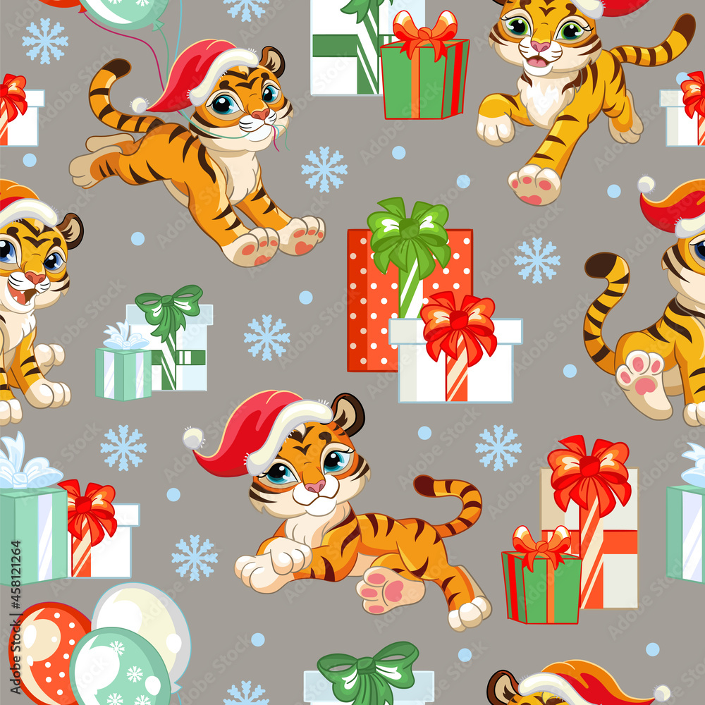 Fototapeta premium Vector seamless pattern with cute Christmas tigers
