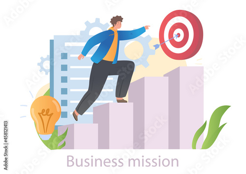 Young male character is climbing up the steps towards the business target on white background. Concept of business mission, financial strategy planning in office. Flat cartoon vector illustration