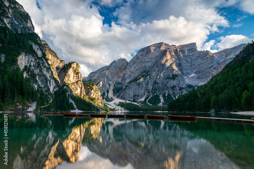 Braies lake , the largest natural Dolomite lake, Italy.
