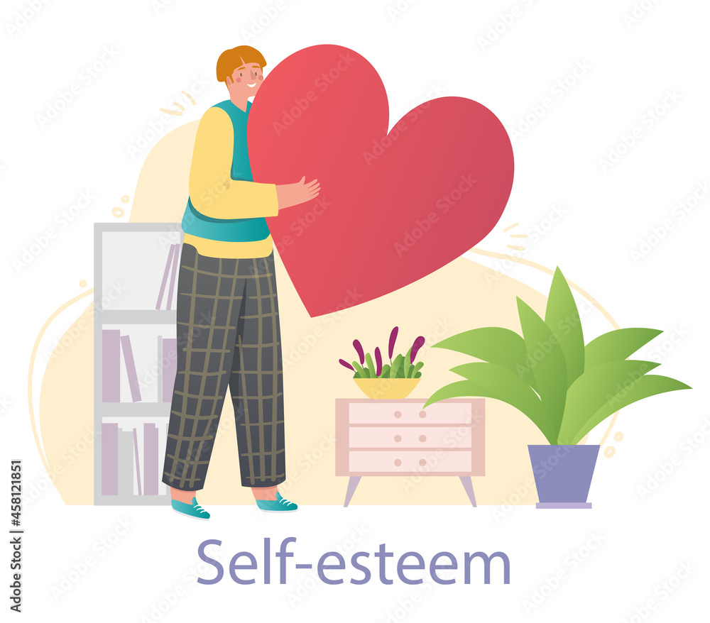 Vecteur Stock Young smiling male character is holding big red heart as