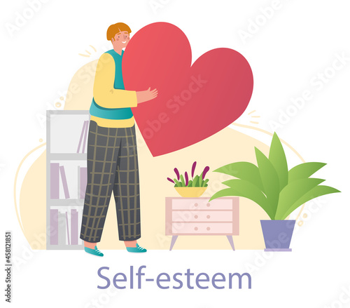 Young smiling male character is holding big red heart as an act of self love on white background. Concept of love yourself, body positive, confidence. Flat cartoon vector illustration
