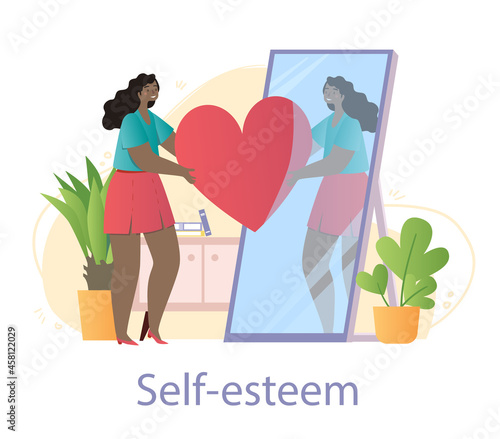 Young smiling female character is holding red heart with her mirror reflection on white background. Concept of self love act, body positive, confidence increasing. Flat cartoon vector illustration
