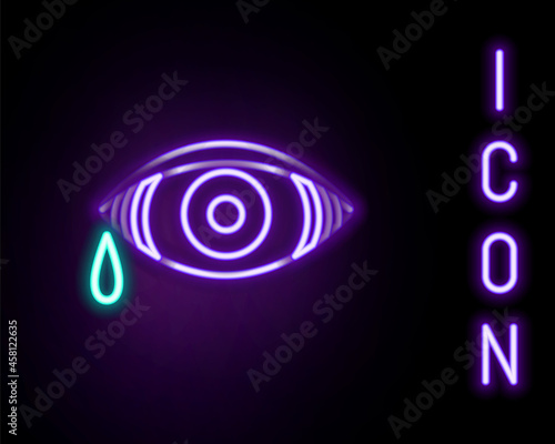 Glowing neon line Reddish eye due to viral, bacterial or allergic conjunctivitis icon isolated on black background. Colorful outline concept. Vector